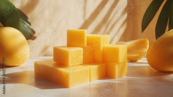 Obraz Cubes of mango soap, tropical leaves background