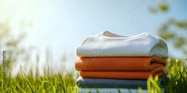 Fototapeta A stack of three white, grey, and orange sweatshirts on top of each other, placed against an outdoor 