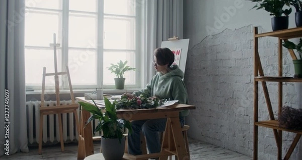 Fototapeta Young woman artist dressed in a hoodie draws pictures on paper with watercolors while sitting at a table in a workshop