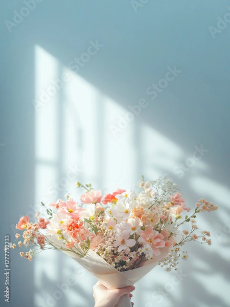Obraz 花束を持つ、フラワーアレンジメント。影のある部屋を背景