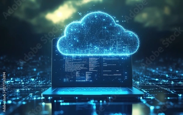 Obraz Cloud computing concept with a laptop transmitting data to a cloud server, showcasing the process of sharing files and data storage