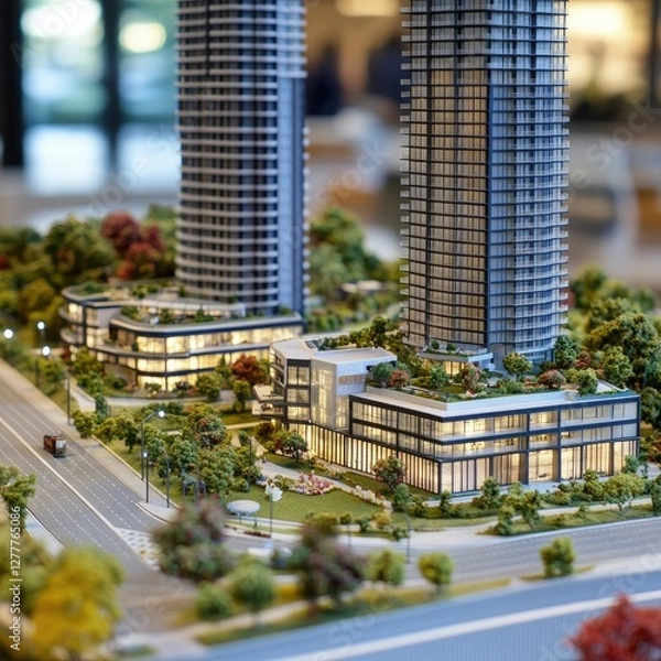 Fototapeta Generate a photo realistic image of a maquette depicting a mixed-use development with residential towers, commercial spaces, and recreational amenities; ensure the