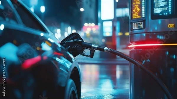 Fototapeta A close-up shot of a person refueling a car at a modern gas station, with the fuel nozzle securely inserted into the vehicle's tank, and digital displays reflecting fuel prices