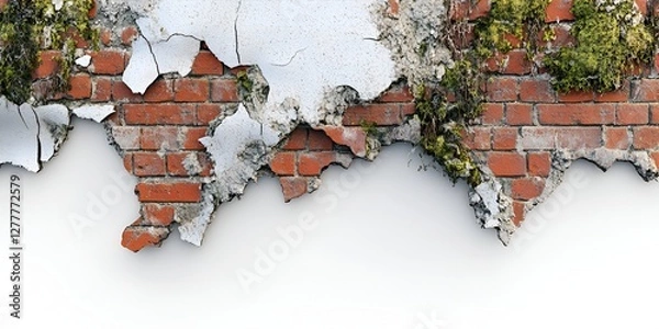 Fototapeta Close-up of a broken red brick wall with cracked tiles and moss growth, viewed from above. white background