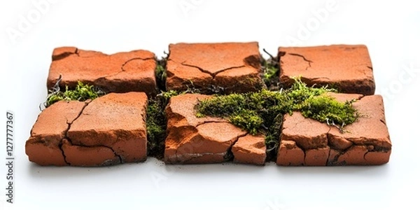 Fototapeta Red clay bricks with cracks and moss growing between them, close-up. white background