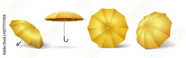 Fototapeta Yellow parasols in various positions realistic color icons set. Mockup umbrellas for rainy weather and insurance 3d objects bundle on white