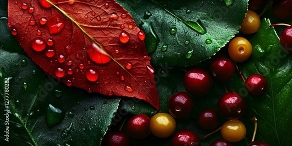 Fototapeta Red les and green les, red les with water droplets on them, black background, red les surrounde