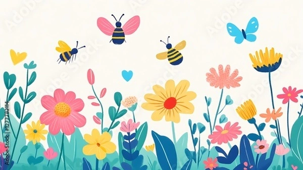 Fototapeta Colorful Bees Butterflies and Flowers in a Garden