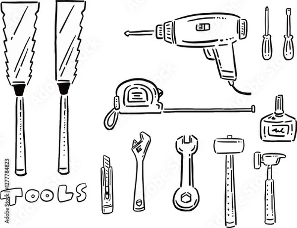 Obraz いろいろな工具や道具の線画　イラストセット