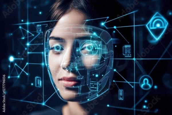 Fototapeta Futuristic AI technology analyzes human facial features in dark interface