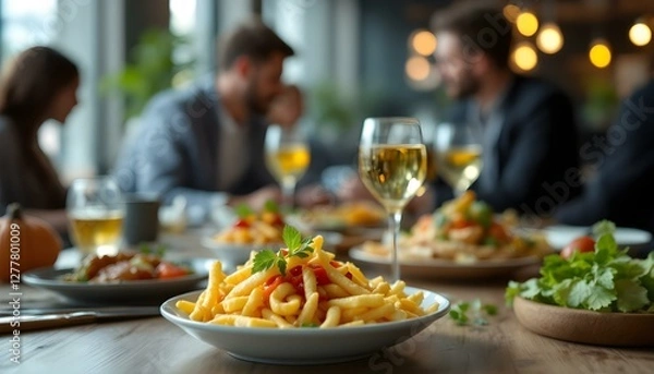 Fototapeta A cafe meeting table adorned with an assortment of food platters and beverages, perfect for a professional gathering