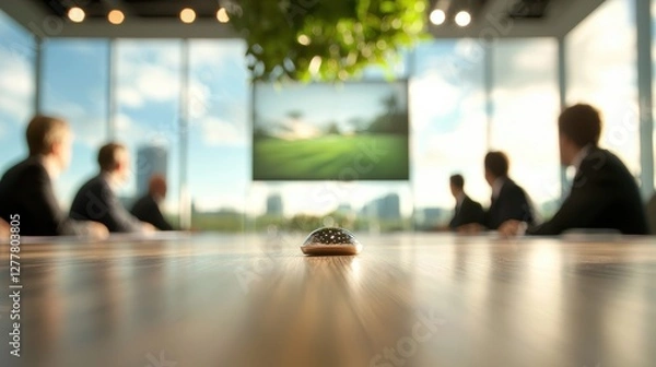 Fototapeta A formal team meeting in a corporate boardroom, with team members seated around a large table, listening attentively to a presentation on a screen.