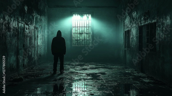 Fototapeta Solitary Confinement: A hooded figure stands alone in a stark, dimly lit prison cell with barred windows. This cinematic image evokes a sense of isolation, confinement, and psychological tension. 