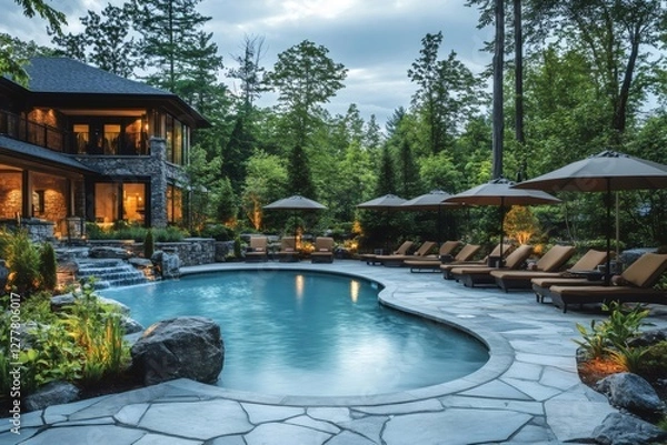 Fototapeta Luxurious backyard with illuminated pool, waterfall and lounge chairs featuring a modern house at twilight