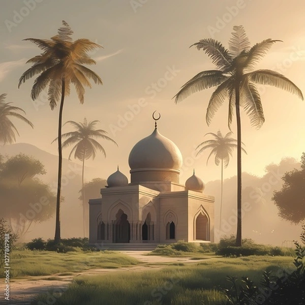 Obraz A serene landscape with a small mosque in the background, peaceful and calm atmosphere