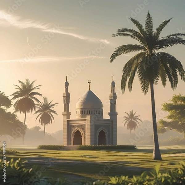 Obraz A serene landscape with a small mosque in the background, peaceful and calm atmosphere