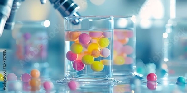Fototapeta A close-up of colorful pills floating in water inside glass cups, set against the backdrop of a laboratory 