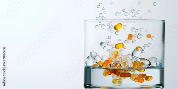 Fototapeta A close-up of colorful pills floating in water inside glasses, representing the concept of how gaming 
