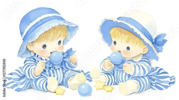 Fototapeta Adorable Twin Babies in Blue Striped Onesies Playing with Balls