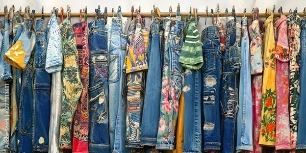 Fototapeta A colorful display of vintage , including jeans and T-shirts from the 1990s, hanging on hangers in a