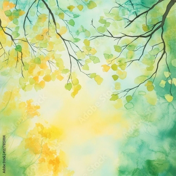 Fototapeta Serene abstract watercolor of sunlit forest canopy with green and yellow leaves