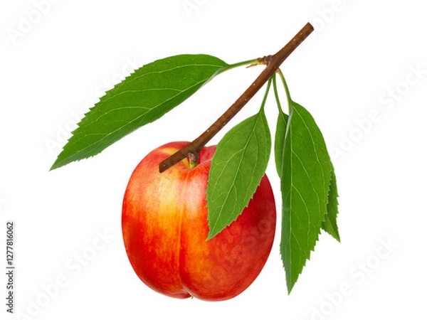 Obraz Ripe nectarine or peach fruit on branch with leaves
