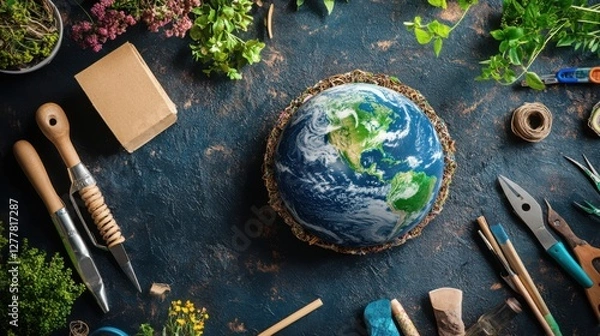 Obraz Vibrant Earth Surrounded by Gardening Tools and Plants on Dark Textured Background