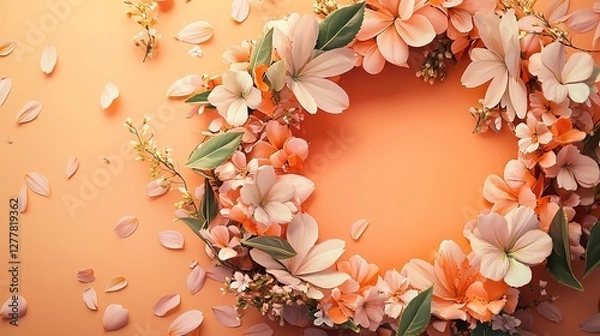 Fototapeta A beautifully crafted floral wreath made of vibrant flowers and delicate petals, set against a warm and textured background, perfect for nature, celebration, and decorative themes.