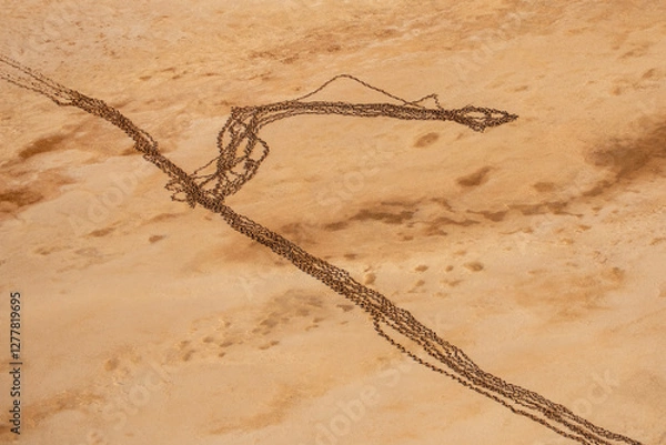 Fototapeta Aerial photograph of camels tracks in the red sandy desert of Lake Eyre-Kati Thanda following the arrival of water.