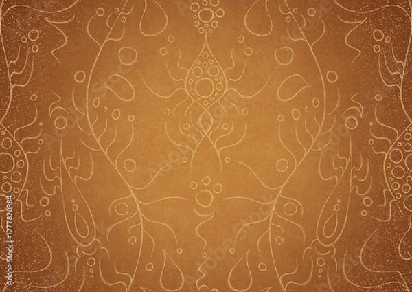 Fototapeta Hand-drawn unique abstract gold ornament on a yellow background, with vignette of darker background color and splatters of golden glitter. Paper texture. Digital artwork, A4. (pattern: p13-1a)