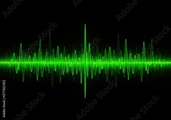 Fototapeta Vibrant green audio waveform on black background