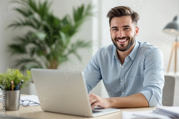 Fototapeta Smiling young man in blue shirt using laptop at desk with office supplies, green plant, and lamp in bright background. Concept of productivity and success. Ai generative