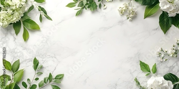 Fototapeta A mockup of an A4 blank frame on a white marble table, with green leaves and flowers, in a top-down