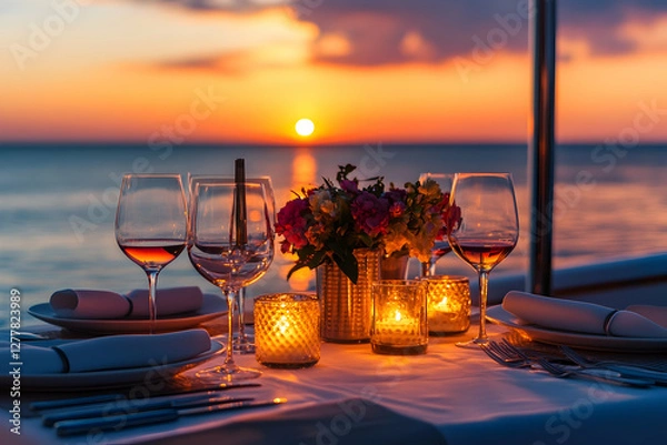 Fototapeta An elegant yacht dining setup, with wine glasses, floral arrangements, and candlelight, set against the ocean at sunset. The warm, colorful sky enhances the scene, a serene dining atmosphere.