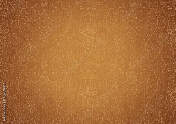 Fototapeta Hand-drawn unique abstract gold ornament on a yellow background, with vignette of darker background color and splatters of golden glitter. Paper texture. Digital artwork, A4. (pattern: p13-2b)