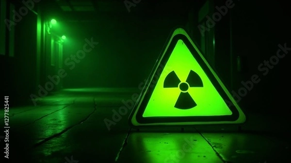 Obraz Bright green radiation warning sign illuminates a dimly lit corridor in an abandoned industrial space at night