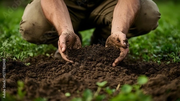 Fototapeta Close-Up of Farmer Hands Tending to Rich Soil in Lush Green Field, Emphasizing Sustainable Agriculture