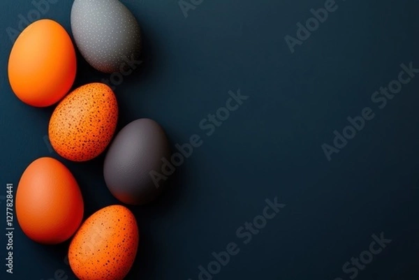 Fototapeta Minimal Easter egg design, orange and dark gray on blue, spacious layout.