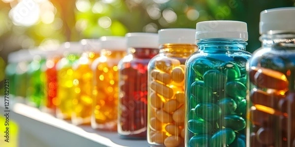Fototapeta A row of different types and colors of supplement bottles, including multivitamin and vegetable oil