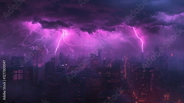 Obraz Lightning storm over city in purple light