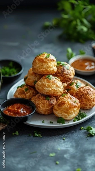 Fototapeta Stacked Savory Kimchi Bignè with Fresh Cilantro and Sauces