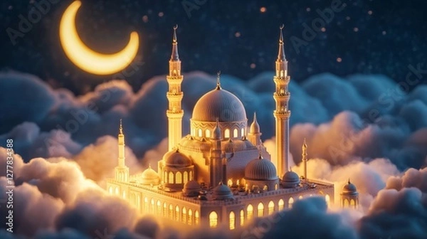 Obraz Illuminated Mosque among Clouds at Night with Crescent Moon
