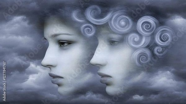 Fototapeta Ethereal Double Exposure of Human Faces Merging with Swirling Clouds in Abstract Dreamlike Composition