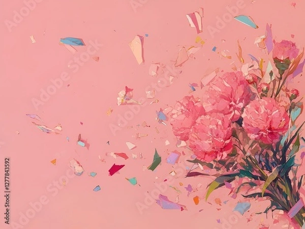 Fototapeta A soft pink background featuring a beautiful bouquet of carnations surrounded by colorful confetti, creating a festive and cheerful atmosphere, perfect for celebrations, birthdays, and joyful themes.