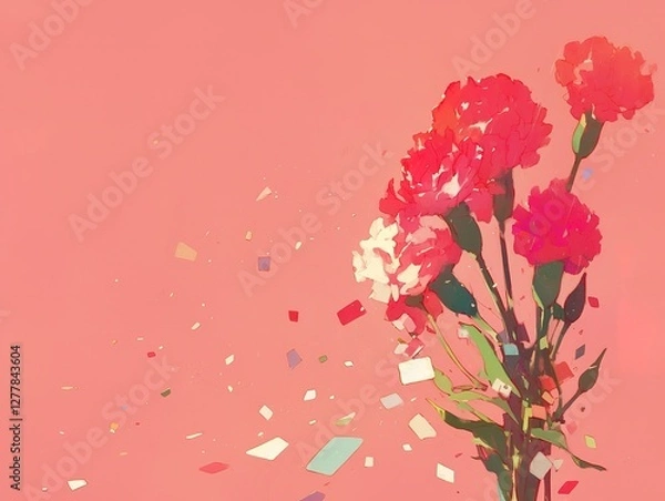 Fototapeta A soft pink background featuring a beautiful bouquet of carnations surrounded by colorful confetti, creating a festive and cheerful atmosphere, perfect for celebrations, birthdays, and joyful themes.