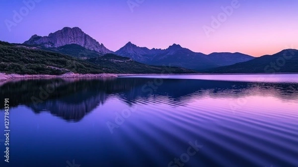 Fototapeta Ripples on a mirror calm lac de Codole in the Balagne region of Corsica at dawn with a pink and purple star filled sky