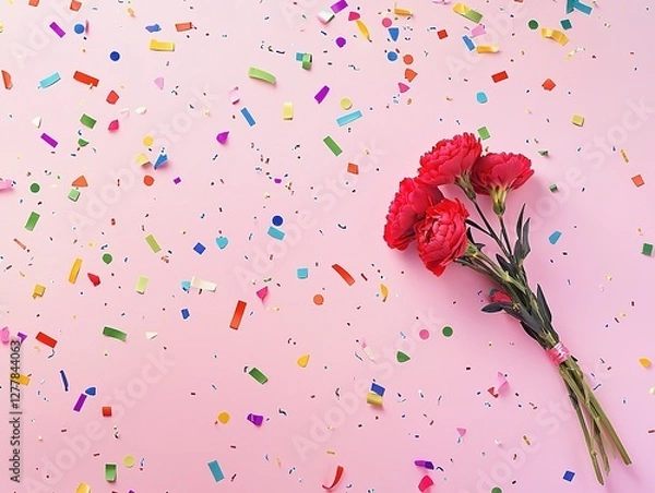 Fototapeta A soft pink background featuring a beautiful bouquet of carnations surrounded by colorful confetti, creating a festive and cheerful atmosphere, perfect for celebrations, birthdays, and joyful themes.