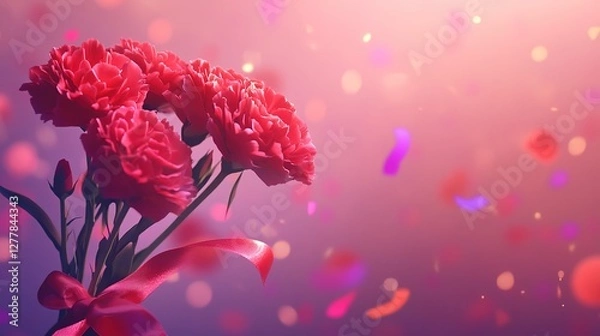 Fototapeta A soft pink background featuring a beautiful bouquet of carnations surrounded by colorful confetti, creating a festive and cheerful atmosphere, perfect for celebrations, birthdays, and joyful themes.