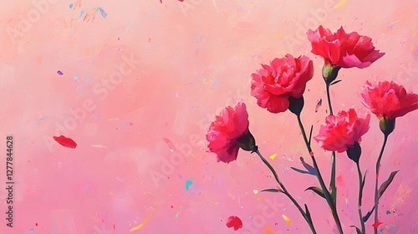 Fototapeta A soft pink background featuring a beautiful bouquet of carnations surrounded by colorful confetti, creating a festive and cheerful atmosphere, perfect for celebrations, birthdays, and joyful themes.