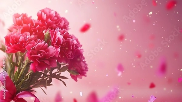 Fototapeta A soft pink background featuring a beautiful bouquet of carnations surrounded by colorful confetti, creating a festive and cheerful atmosphere, perfect for celebrations, birthdays, and joyful themes.